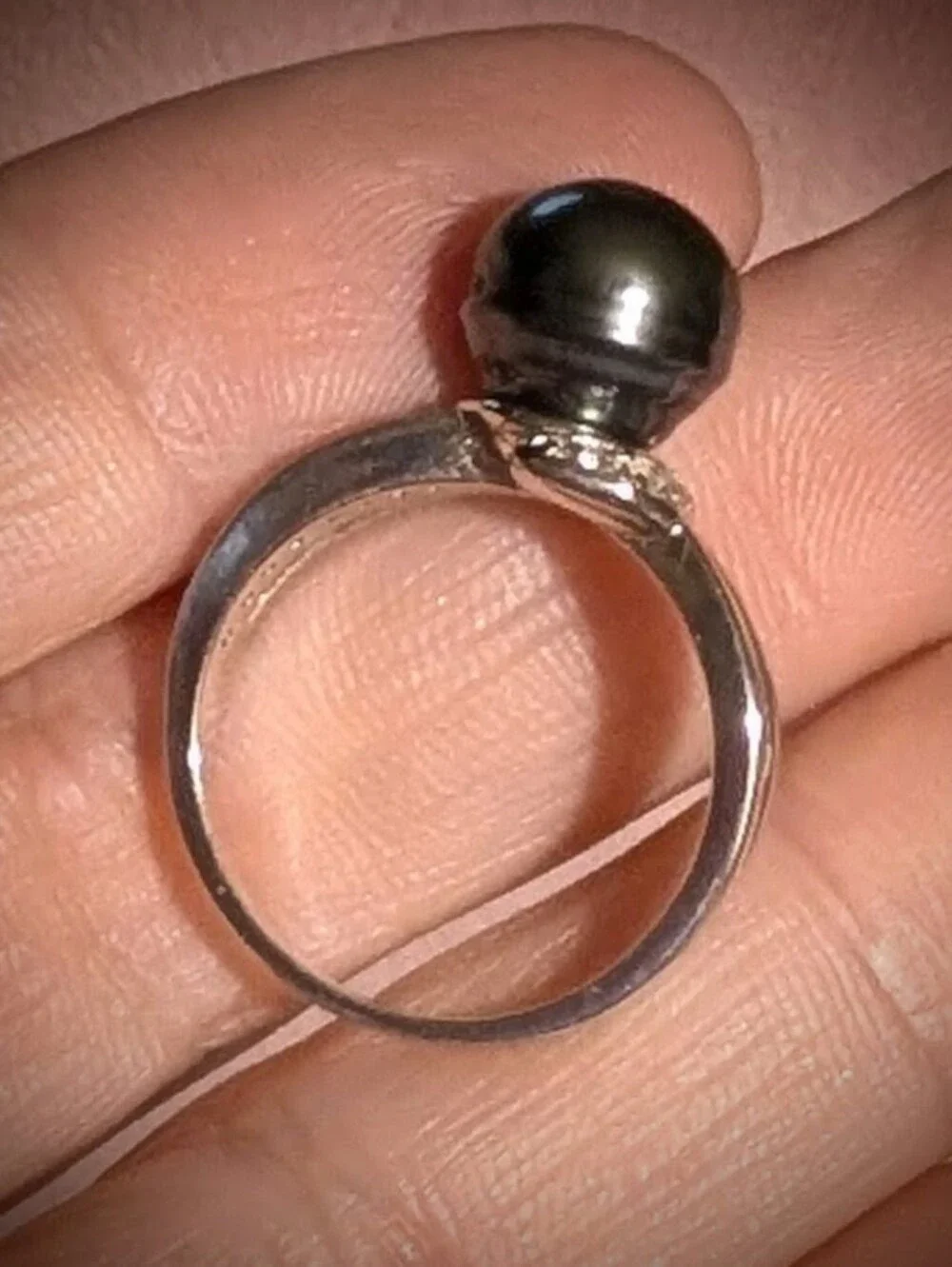 Cultured Black Tahitian Pearl W/ White Zircon Rhodium Over 925 Sterling Ring Sz8